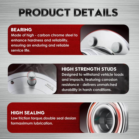 Image detailing the high-carbon steel bearing, high-strength studs, and high sealing of 515160 Front Wheel Bearing and Hub Assembly.