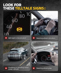 Signs of wheel bearing issues: ABS light on, steering wheel vibration, noise under vehicle, and steering wheel play.