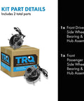 Front Wheel Bearing And Hub Assembly Set For Chevrolet Trailblazer Trailblazer Ext GMC Envoy Envoy XL Buick Rainier And Saab 9 7X Two Piece Driver And Passenger Sides For Direct Fit No Hassle Easy Install By TRQ, showing packaging and both assemblies.