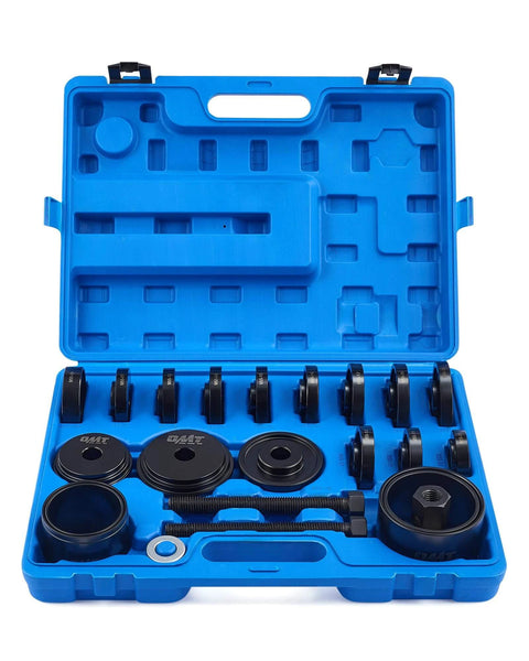 Open blue case of Wheel Bearing Press Kit for Front Wheel Drive Bearing Removal & Installation, 24pc Wheel Bearing Puller Tool Set