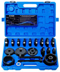 24 Piece Wheel Bearing Press Kit for Front Wheel Drive Vehicles Bearing Removal and Installation Set with Universal Bushings Pro Grade Heavy Duty Front Knuckle Service Tools displayed in blue case