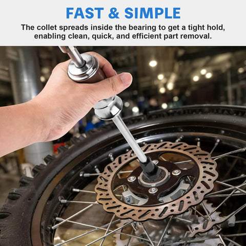 Using 12pcs Blind Hole Collet Bearing Puller Set with Slide Hammer in motorcycle wheel for bearing removal