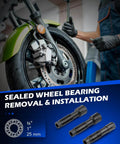 Mechanic using Wheel Bearing Puller Tool Kit Compatible with Harley Davidson Motorcycles for 0.75" 1" 25mm bearings installation