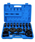 Open blue case showing Wheel Bearing Removal Tool Kit 23 Piece Set For Front Wheel Drive Vehicles Universal Hub Bushing Press Sleeves Puller