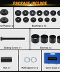 Package contents of Wheel Bearing Removal Tool Kit 23 Piece Set For Front Wheel Drive Vehicles, showing sleeves, bushings, and carry case