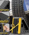 Heavy Duty Wheel Chocks With 39 Inch Rope For Trailers RVs Cars Trucks And ATVs Non Slip Grip On Grass Concrete Slopes And Uneven Ground Easy To Store With Handles showing black chock with yellow stripe, rugged rubber, and grip details.