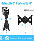 X Chocks Wheel Stabilizer 2 Pack For RVs And Travel Trailers Fits 3 To 10 Inch Wheel Gaps showing retracted and extended views
