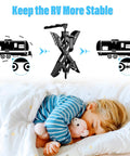 X Chocks Wheel Stabilizer 2 Pack For RVs And Travel Trailers Fits 3 To 10 Inch Wheel Gaps with child sleeping illustration