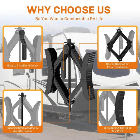 Sturdy Camper Wheel Chock Stabilizers For RV And Travel Trailer X Shaped Anti Move Chocks Heavy Duty 2 Pack Fits 3.5 To 12 Inch Wheel Gaps Safe Parking And Steady Campsites By WELLUCK shown with detailed features.
