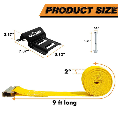 Heavy Duty Wheel Chock Tie Down Kit With 4,500 Lb Break Strength includes dimensions of E-Track strap and wheel chock