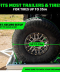 Heavy Duty Wheel Chock Tie Down Kit With 4500 Pound Break Strength Includes 2 Wheel Chocks And 4 Ratchet Straps For E Track System For ATV UTV Lawn Mower And Trailer Green Rhino USA securing a tire on a trailer