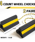 Wheel Chocks With Gloves, Heavy Duty Rubber, 8mm Teeth, Non Slip Base, All Terrain Anti Slip Tire Stopper For RVs, Trailers, Boats, Cars, SUVs, ATVs, Aircraft, Travel Trailers, 2 Pairs (4 Count). Image shows black and yellow rubber wheel chocks with rope attachment, dimensions labeled 8.2 in x 4.4 in x 3.8 in.