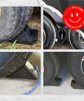 4 Pack Wheel Chocks For Cars, RVs, Trucks And Trailers Up To 8T GVW, Anti Slip All Weather Tire Chocks For Safe Parking installed on vehicle wheels
