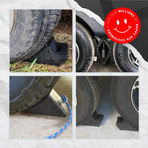 4 Pack Wheel Chocks For Cars, RVs, Trucks And Trailers Up To 8T GVW, Anti Slip All Weather Tire Chocks For Safe Parking installed on vehicle wheels
