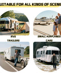 Wheel Chocks With Gloves, Heavy Duty Rubber, 8mm Teeth, Non Slip Base, All Terrain Anti Slip Tire Stopper For RVs, Trailers, Boats, Cars, SUVs, ATVs, Aircraft, Travel Trailers, 2 Pairs (4 Count) shown in use with RVs, trailers, small airplanes, and cars.
