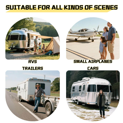 Wheel Chocks With Gloves, Heavy Duty Rubber, 8mm Teeth, Non Slip Base, All Terrain Anti Slip Tire Stopper For RVs, Trailers, Boats, Cars, SUVs, ATVs, Aircraft, Travel Trailers, 2 Pairs (4 Count) shown in use with RVs, trailers, small airplanes, and cars.