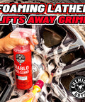 Diablo Wheel Cleaner Spray Two Pack 16 Oz Bottles being applied to chrome wheel with brush, foaming lather lifts grime