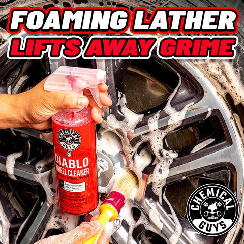 Diablo Wheel Cleaner Spray Two Pack 16 Oz Bottles being applied to chrome wheel with brush, foaming lather lifts grime