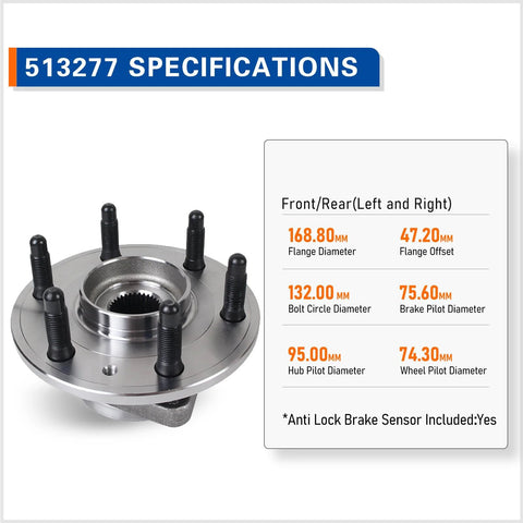 Wheel Bearing And Hub Assembly 513277 Front And Rear Six Lug With ABS Specifications and Dimensions