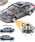 Car illustration showing Pair Of Front Wheel Hub And Bearing Assemblies 513188 For 2002-2009 Chevrolet with hub close-up.