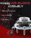 4WD Front Wheel Bearing And Hub Assembly For 2007-2014 Silverado 1500 Tahoe Suburban 1500 Avalanche Sierra 1500 Yukon XL 1500 And Cadillac Escalade Escalade ESV EXT With ABS Left Or Right 6 Lug on display with specifications listed for high load capacity, safety, reliability, and low noise.