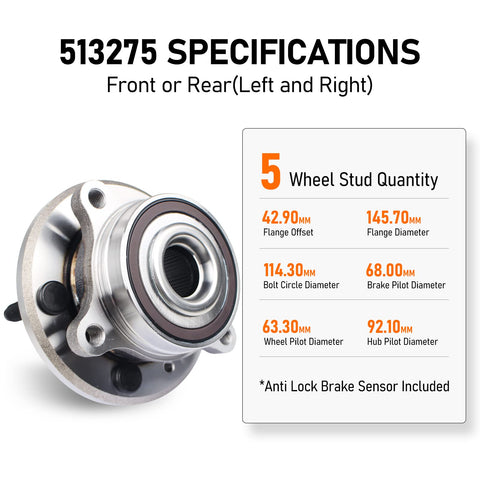 513275 Front And Rear Wheel Bearing Hub Assembly Direct Fit For 2011 To 2014 Ford Edge, 2009 To 2018 Flex, with specifications
