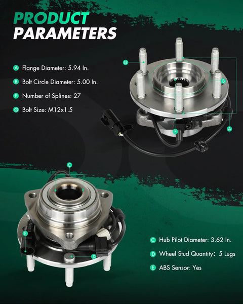 Front Wheel Hub And Bearing Assembly For Chevy Trailblazer SSR GMC Envoy Buick Rainier Oldsmobile Bravada Isuzu Ascender Saab 9 7x Six Lug ABS 4 2L 5 3L 6 0L Engines 513188 Direct Fit With Seals And Grease For Smooth Install And Lasting Performance, shown with product specifications.