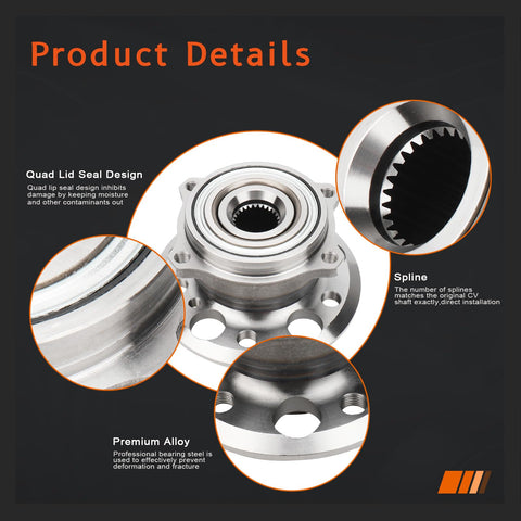 Rear Wheel Hub And Bearing Assembly For Mercedes Benz E Class CLS CL CLK GLK SL C Class S Class Vehicles 2003 To 2016 Replacement OEM Quality showcasing quad lid seal, spline, and alloy material details