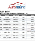 Compatibility chart for 515097 Front Wheel Bearing and Hub Assembly for 2WD Chevy Silverado, GMC Sierra, and Cadillac models.