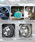 Pair of front wheel hub and bearing assemblies for GM SUVs; installation steps showing wheel removal, caliper, rotor and hub.