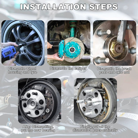 Pair of front wheel hub and bearing assemblies for GM SUVs; installation steps showing wheel removal, caliper, rotor and hub.