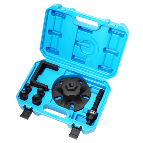 Pro Grade Output Shaft Removal And Install Kit With Five Hole Wheel Hub Puller And Axle Separator For Wheel Bearing Fits BMW And Land Rover Includes M22 M24 M27 M30 Adapters For Easy DIY Repair in blue carrying case