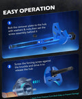 Diagram showing Wheel Hub Removal Tool Kit assembly and usage steps for 5 6 8 lug hub assemblies on cars and trucks.