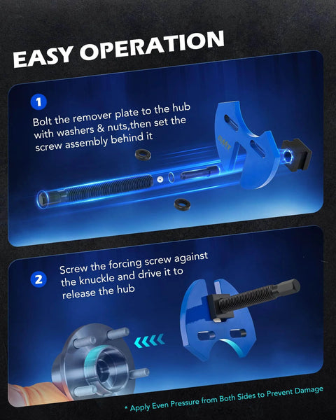 Diagram showing Wheel Hub Removal Tool Kit assembly and usage steps for 5 6 8 lug hub assemblies on cars and trucks.