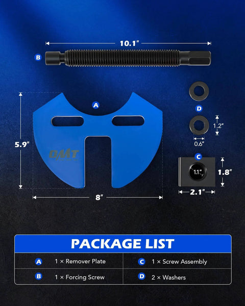 Components of Wheel Hub Removal Tool Kit including remover plate, forcing screw, washers, and assembly compatible with 5 6 8 lug hub assemblies.