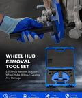 Close-up of Wheel Hub Removal Tool Kit in use on a car hub assembly, showcasing the remover tool with blue carrying case.