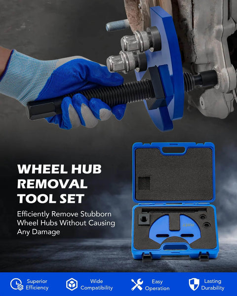 Close-up of Wheel Hub Removal Tool Kit in use on a car hub assembly, showcasing the remover tool with blue carrying case.