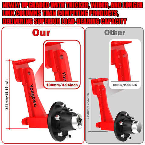 Comparison of heavy-duty spindle link columns for 2-Pack Heavy-Duty Shipping Container Wheel Kit With 8 Lug Bolt-On Spindle For Up To 40ft Containers, 15000 Lb Capacity Per Set, showing dimensions and design differences.