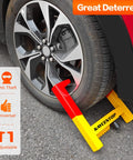 Heavy Duty Universal Wheel Lock Clamp With All Welded Steel Construction And Brass Lock Core Waterproof Cover, installed on car tire