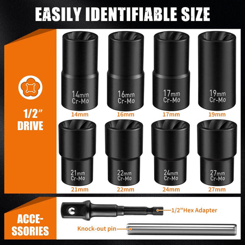 Wheel Lock Removal Kit 10 piece lug nut remover set with half inch drive impact sockets, 14-27 mm sizes displayed.