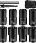Wheel Lock Removal Kit 10 Piece Lug Nut Remover Set with half inch drive impact sockets for removing damaged bolts and nuts.