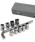 Emergency Wheel Repair Kit With One Half Inch Drive, Eight To Twenty One Millimeter Six Point Wheel Bolt Sockets, Nut Remover Torque Wrench, Heavy Duty Steel, Portable Organizer Case For Easy On The Go Tire Fix, showing 10-piece set with L-wrench and sockets next to carrying case.