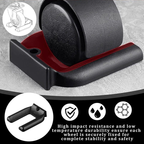 Close-up of black and red wheel stopper for 5 cm diameter caster, 8 Pcs Wheel Stoppers For Rolling Furniture And Beds Prevent Sliding.