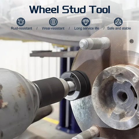 Wheel Stud Installer Tool 22800 compatible with most cars SUVs RVs and light trucks shown replacing wheel stud on vehicle hub.