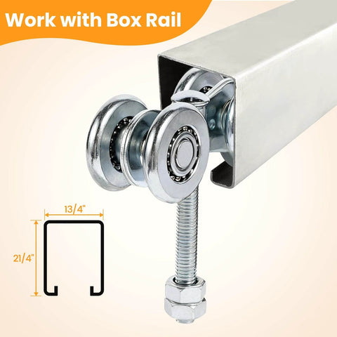 2Pcs Wheel Trolley Assembly Barn Door Rollers for 1-3/4" Wide 2-1/4" or Taller Rail Hanging Track, shown with box rail