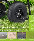 10 inch pneumatic tires of Dual Wheel Wheelbarrow 330 LB Utility Garden Cart showing durability on various terrains like grass and gravel.
