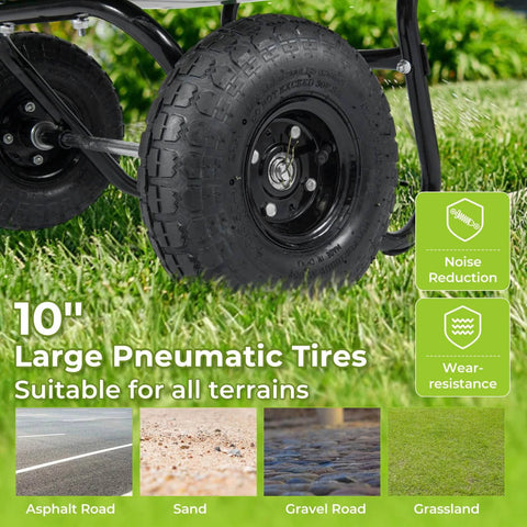 10 inch pneumatic tires of Dual Wheel Wheelbarrow 330 LB Utility Garden Cart showing durability on various terrains like grass and gravel.