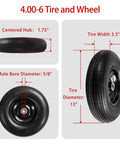 ✝️ (2-pack) 4.00-6 wheelbarrow tires, 13 inch pneumatic tire and wheel with 5/8" bearings, 1.75" hub size, side view dimensions