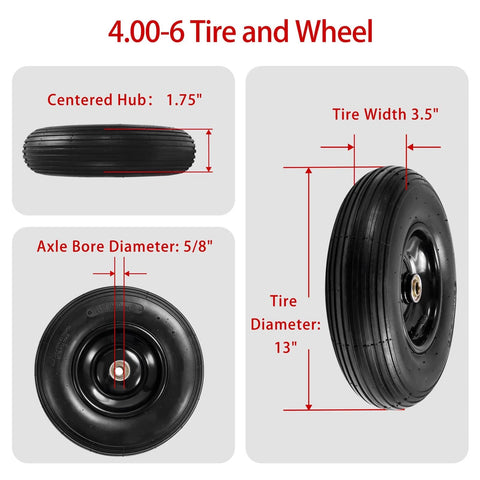 ✝️ (2-pack) 4.00-6 wheelbarrow tires, 13 inch pneumatic tire and wheel with 5/8" bearings, 1.75" hub size, side view dimensions