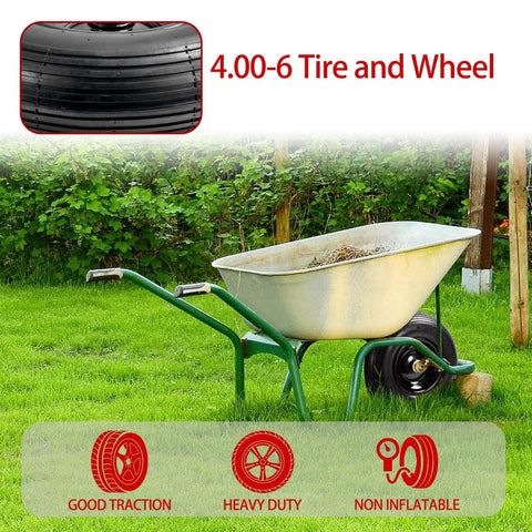 4.00-6 wheelbarrow tire and wheel on garden cart, showcasing good traction and heavy duty non-inflatable design